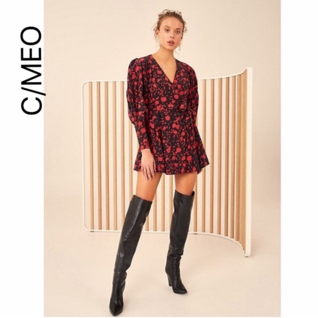 C/Meo Collective Opacity Floral Wrap Dress Black With Red Chili Floral